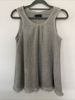 Flora Ashley Made in Italy Linen Blend Frayed Hem Tank Top XS Taupe
